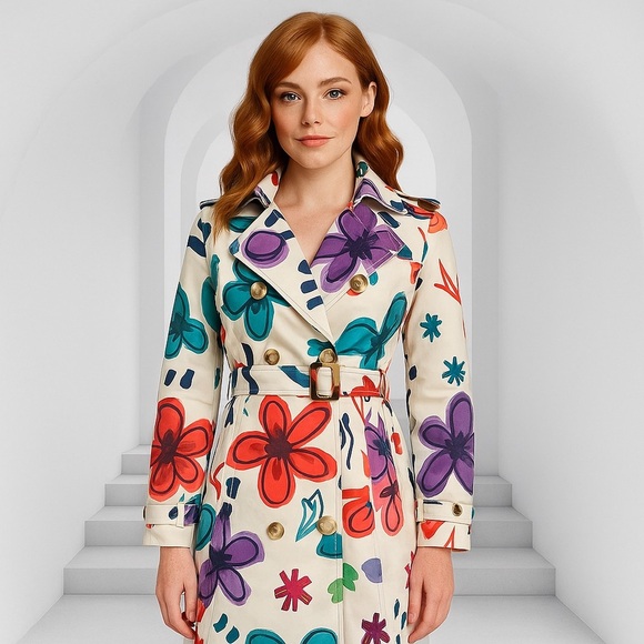Rare DESIGUAL happy flower white trench coat graffiti paint Large - Picture 1 of 9